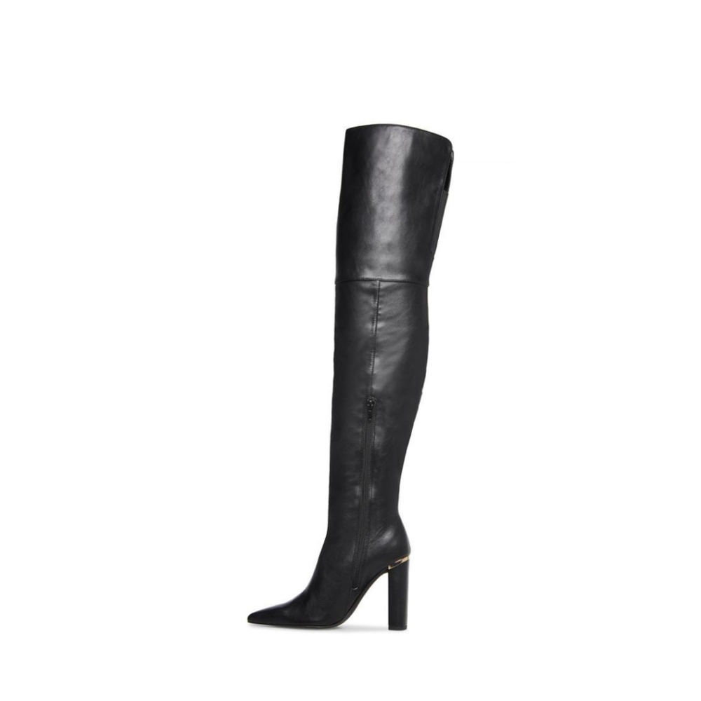 Steve Madden Russo Black Pull On Pointed Close Toe Thigh-High Fitted Dress Boot